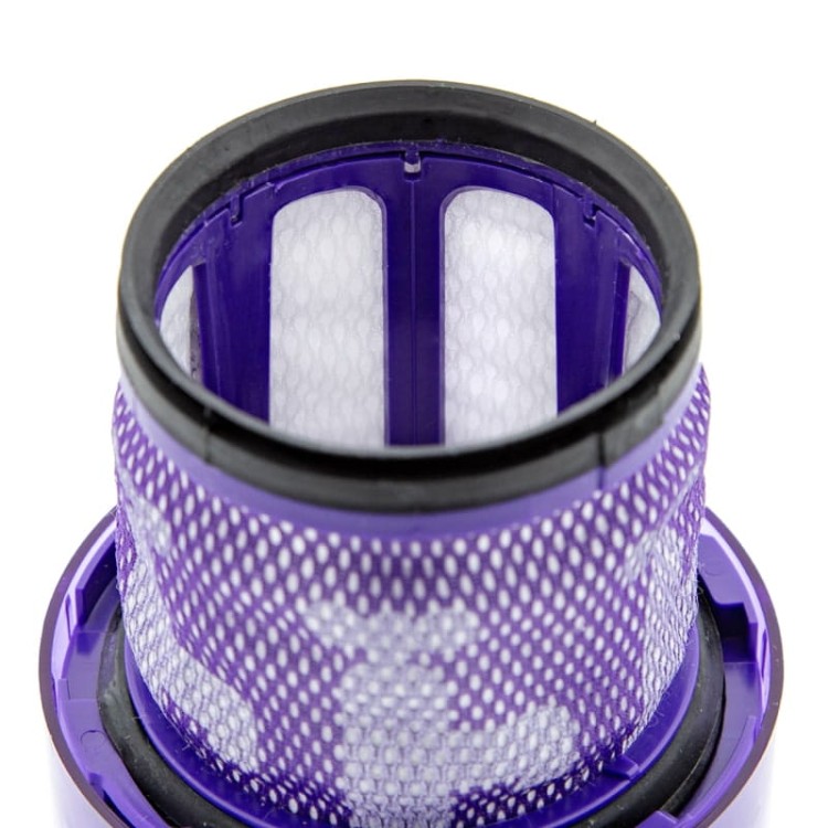 Zbliżenie na strukturę materiału filtracyjnego HEPA w filtrze do odkurzaczy Dyson V12.