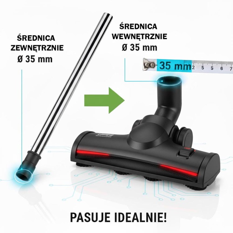 Instrukcja pomiaru: Jak sprawdzić średnicę 35mm rury odkurzacza. Użycie dowolnego narzędzia do pomiaru wewnętrznego otworu szczotki. Zdjęcie pokazuje prawidłowe dopasowanie akcesoriów i mocne mocowanie rury 35mm