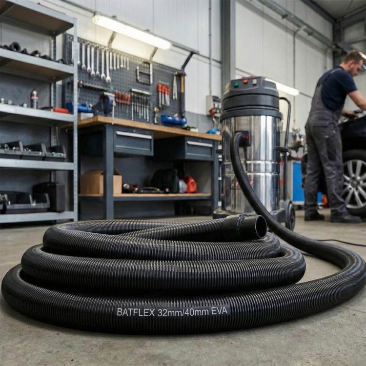Długi wąż ssący Batflex 32mm używany w serwisie samochodowym przy odkurzaniu auta.