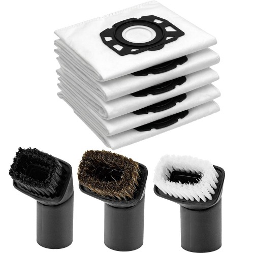 Kompletny zestaw: 5 wytrzymałych worków z mikrofibry i 3 ssawki pędzle do odkurzaczy Karcher serii WD4, WD5 i WD6