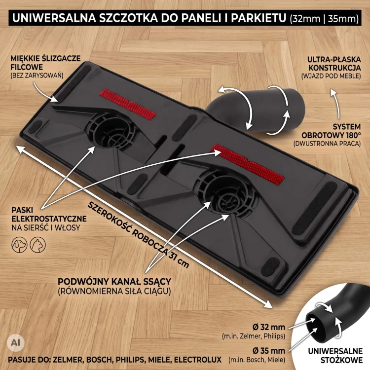 Płaska ssawka do odkurzacza o szerokości 31cm wsuwająca się pod niską komodę bez rysowania podłogi