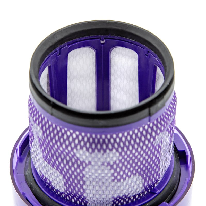 Zbliżenie na strukturę materiału filtracyjnego HEPA w filtrze do odkurzaczy Dyson V12.