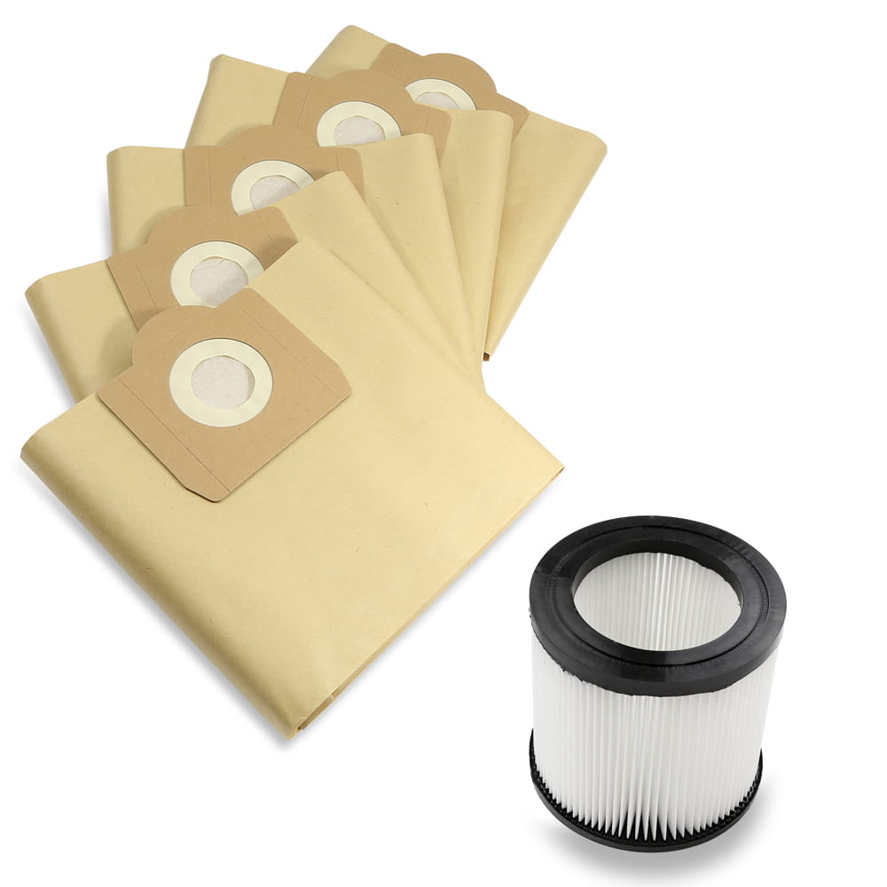Kompletny zestaw zamienników do odkurzacza Karcher WD 3 i MV 3 obejmujący 5 worków papierowych oraz filtr wodoodporny.