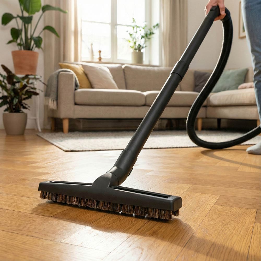 Odkurzanie delikatnego parkietu szczotką z naturalnym włosiem do Karcher WD3 - ochrona przed zarysowaniami